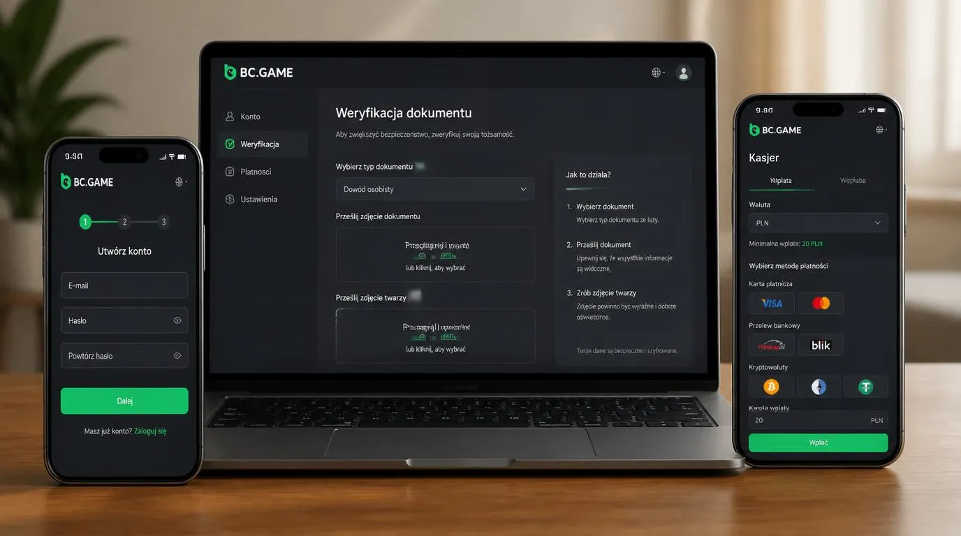 Ekran rejestracji i kasa kasyna z wyborem waluty PLN oraz metody pierwszej wpłaty