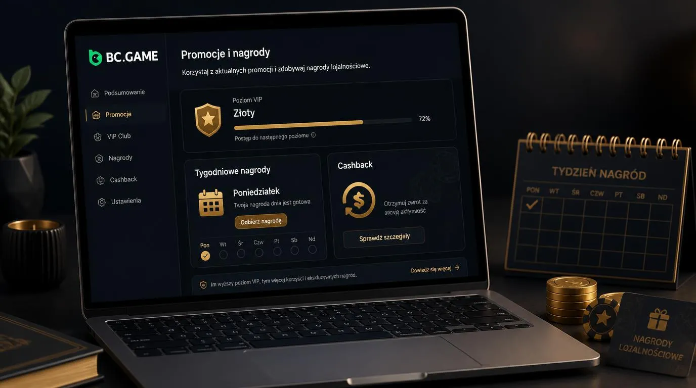 Panel promocji kasyna z poziomem VIP, nagrodą tygodniową i cashbackiem