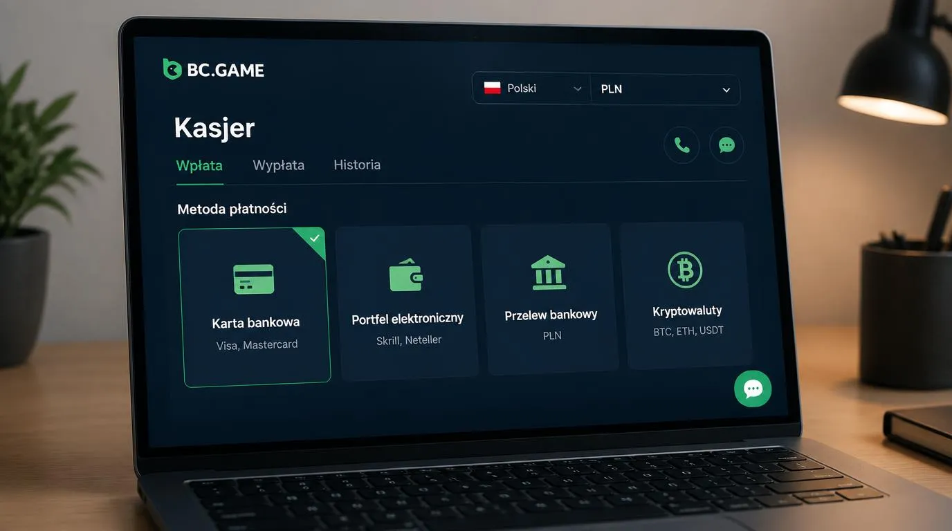 Ekran kasy kasyna z wyborem języka polskiego, waluty PLN i metod płatności
