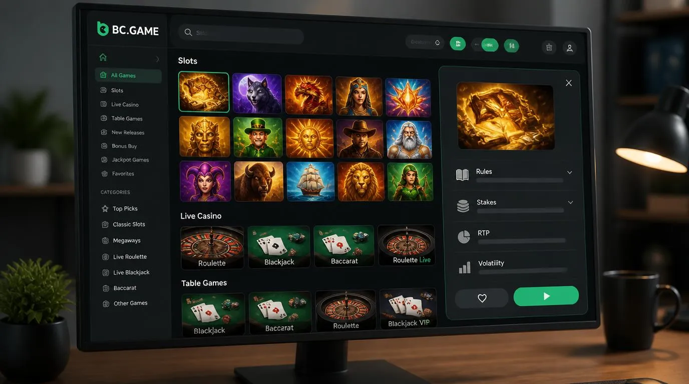 Ekran lobby kasyna z kafelkami automatów i gier stołowych oraz filtrami kategorii